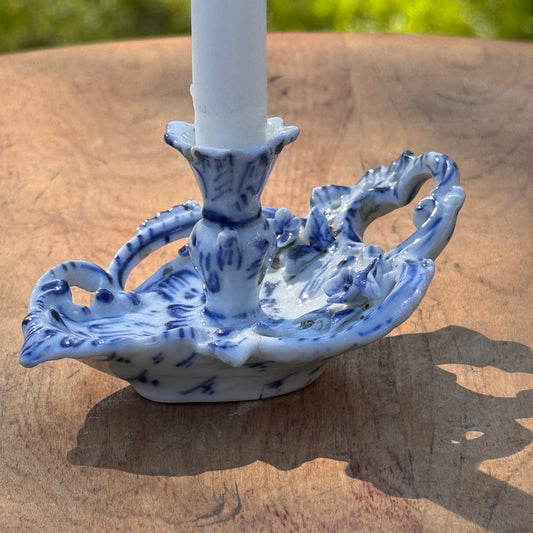 Antique Victorian Miniature Blue and White Porcelain Candle Stick Holder