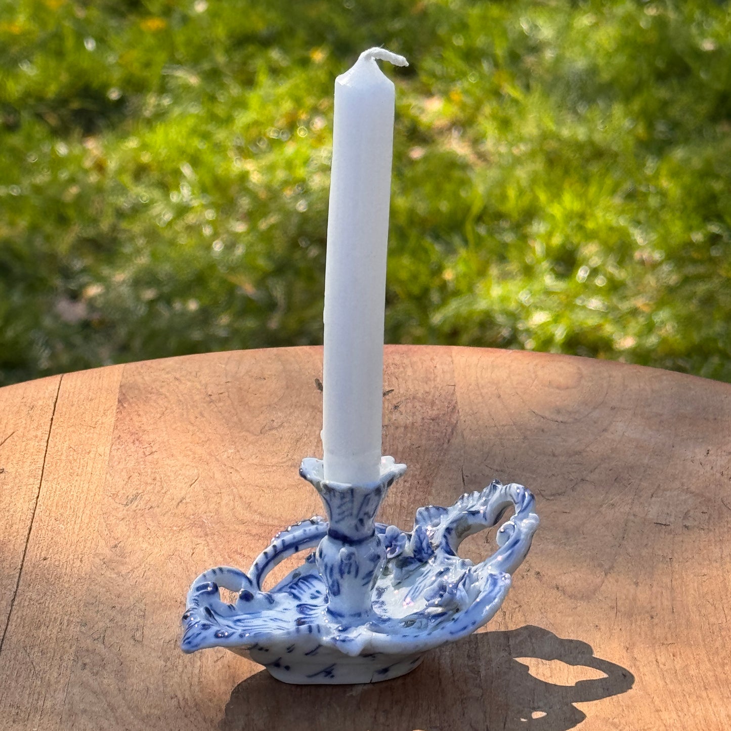 Antique Victorian Miniature Blue and White Porcelain Candle Stick Holder