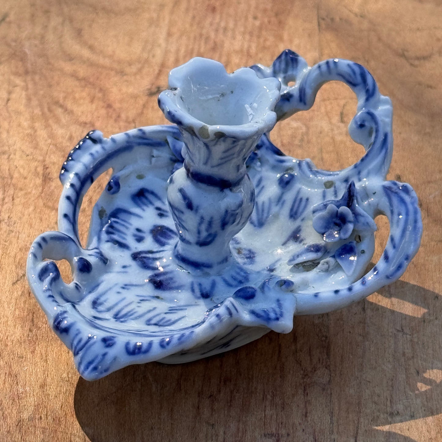 Antique Victorian Miniature Blue and White Porcelain Candle Stick Holder