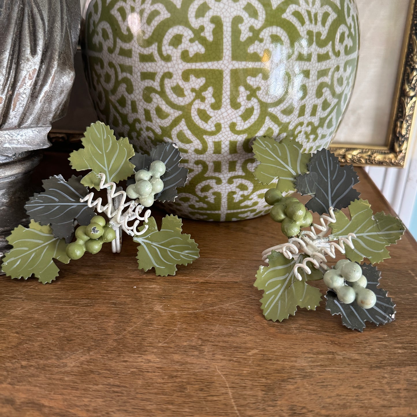 Pair of Vintage Hand Painted Tole Grape Vine Napkin Ring Holders