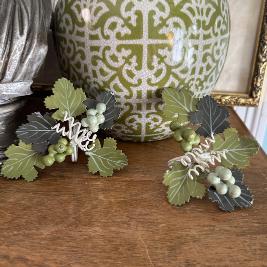 Pair of Vintage Hand Painted Tole Grape Vine Napkin Ring Holders