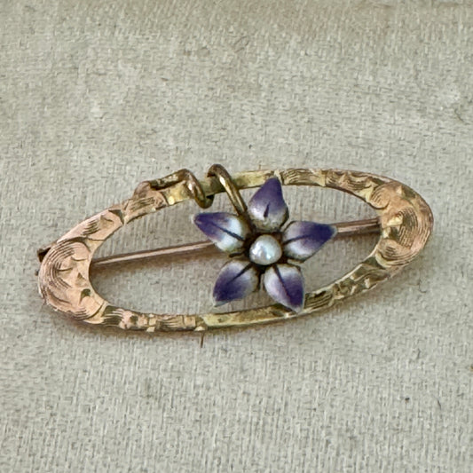 Art Nouveau Tiny 10K Yellow Gold Enamel and Seed Pearl Brooch