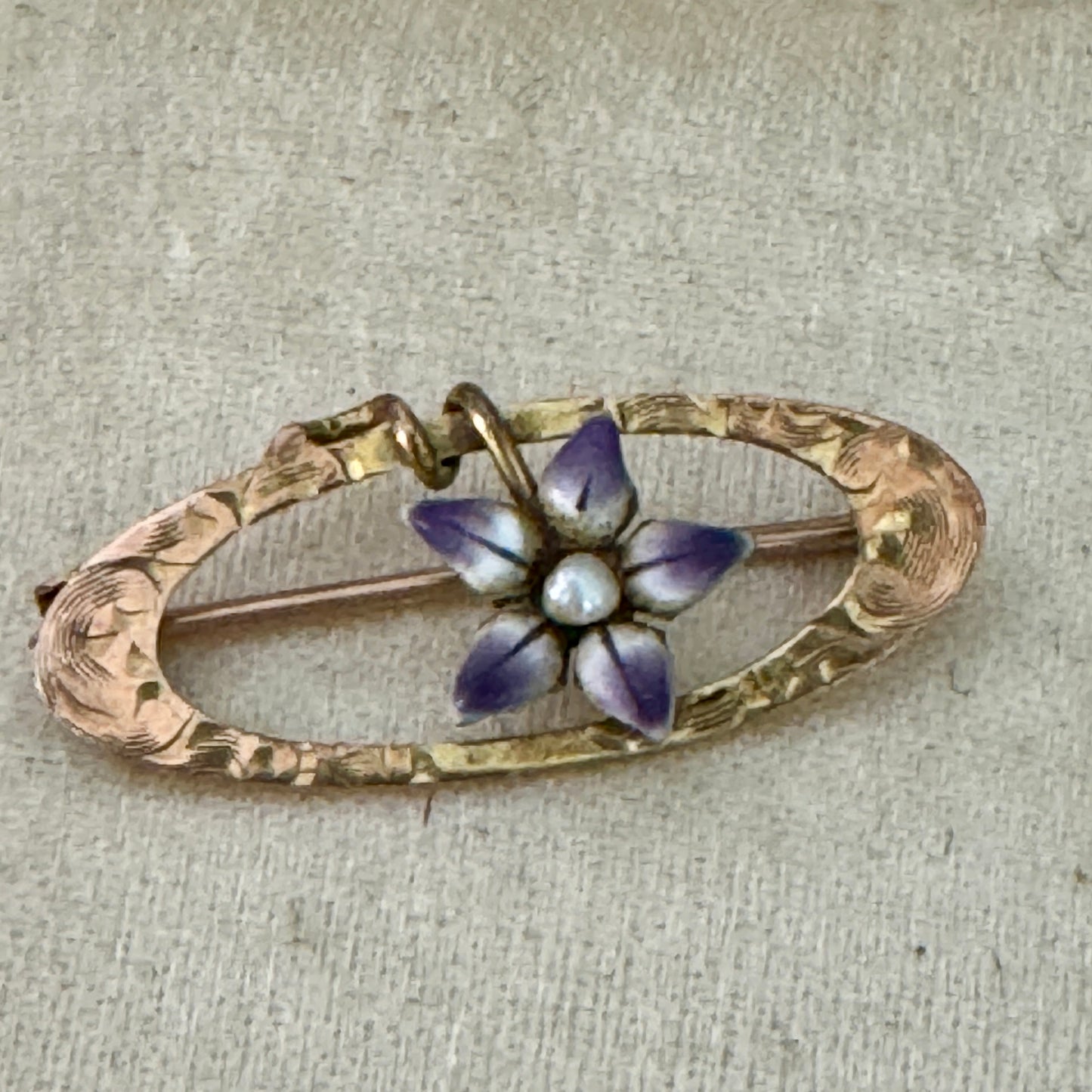Art Nouveau Tiny 10K Yellow Gold Enamel and Seed Pearl Brooch