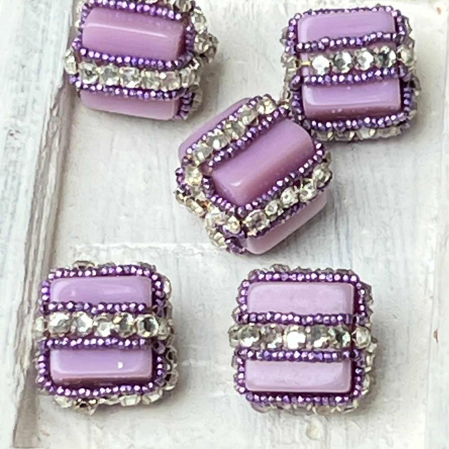 Six Vintage Lavender and Flat Back Rhinestone Rondels