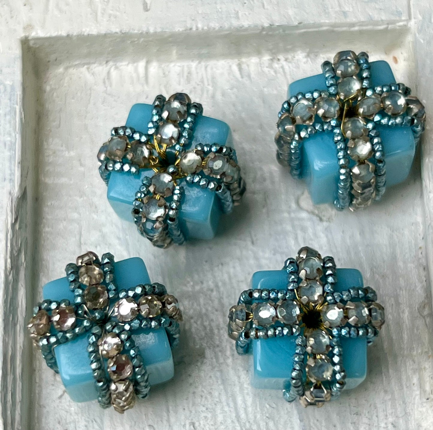 Four Vintage Soft Blue and Flat Back Rhinestone Rondels