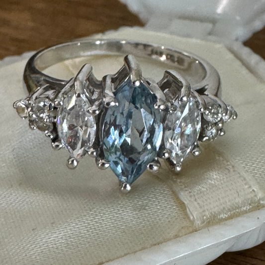 Vintage 14K White Gold Marquise Blue Topaz and CZ Ring Size 7.5