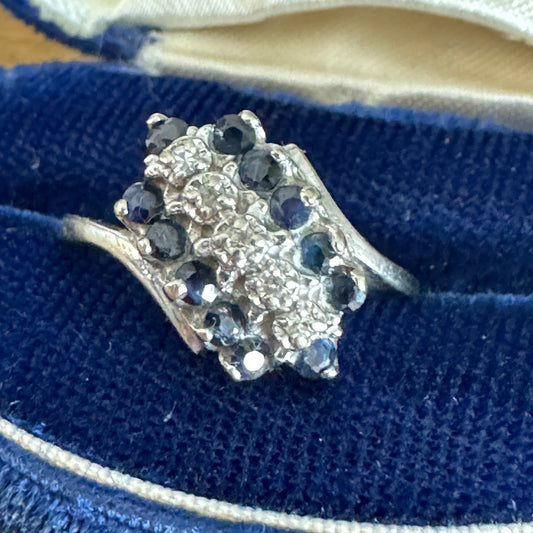 Vintage 10K White Gold Sapphire and Diamond Bypass Ring Size 7
