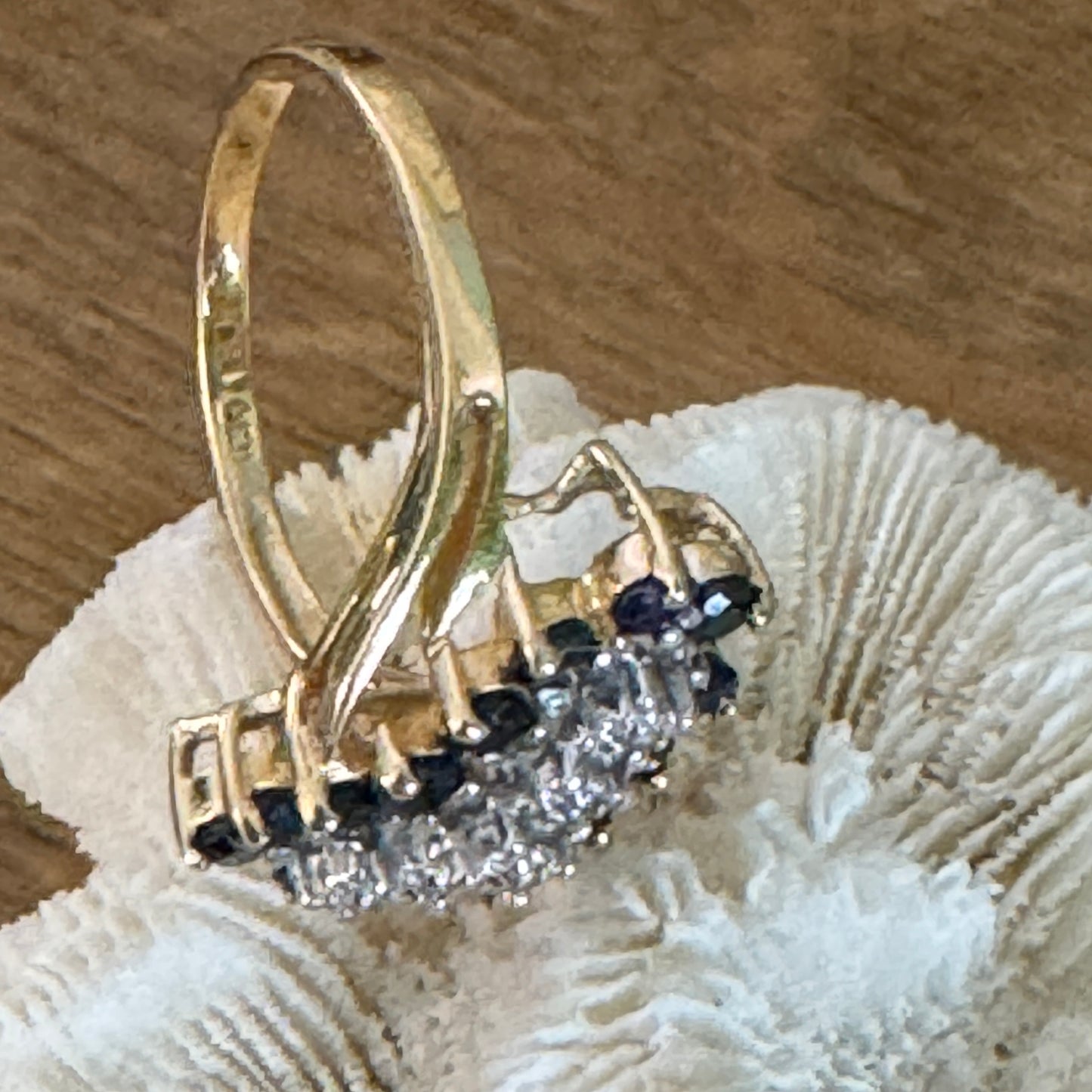 Vintage 10K Yellow Gold Sapphire and Diamond Bypass Ring Size 7.5