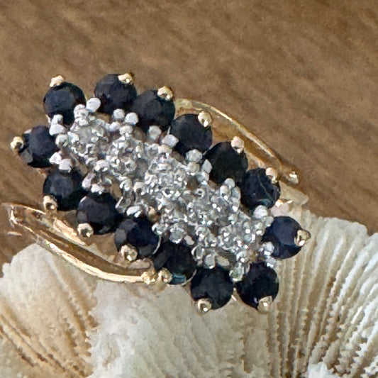 Vintage 10K Yellow Gold Sapphire and Diamond Bypass Ring Size 7.5