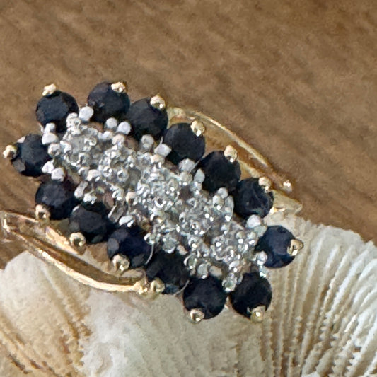 Vintage 10K Yellow Gold Sapphire and Diamond Bypass Ring Size 7.5