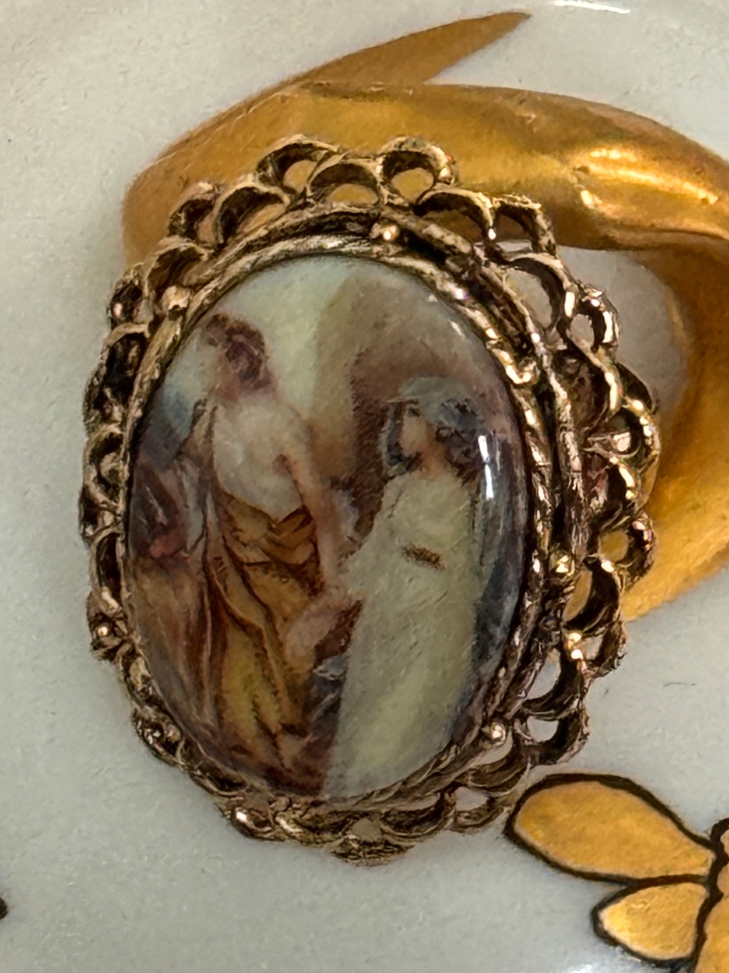 Vintage Romantic Couple Portrait Ring |  Oval Transfer Cameo Style, Gold-Tone, Adjustable