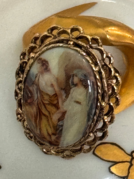 Vintage Romantic Couple Portrait Ring |  Oval Transfer Cameo Style, Gold-Tone, Adjustable