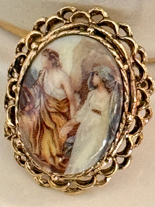 Vintage Romantic Couple Portrait Ring |  Oval Transfer Cameo Style, Gold-Tone, Adjustable