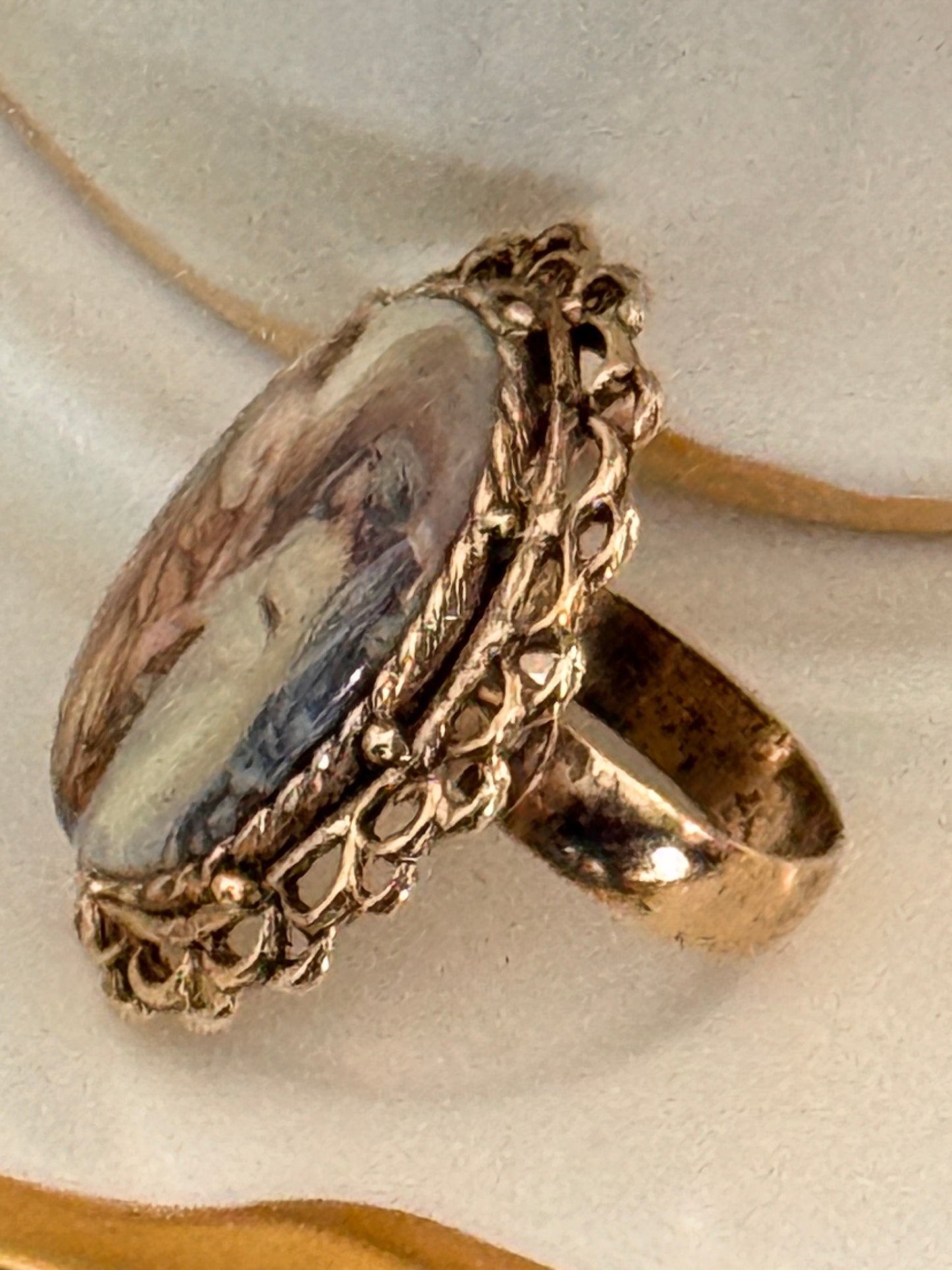 Vintage Romantic Couple Portrait Ring |  Oval Transfer Cameo Style, Gold-Tone, Adjustable