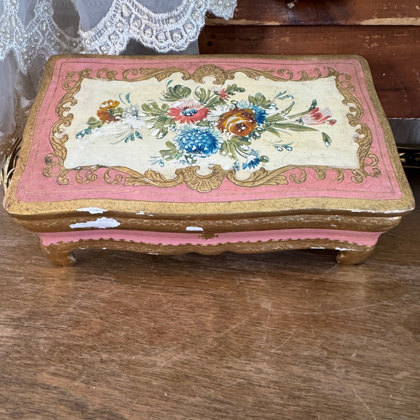 Vintage Italian Gilt & Pink Handpainted Floral Footed Wooden Box