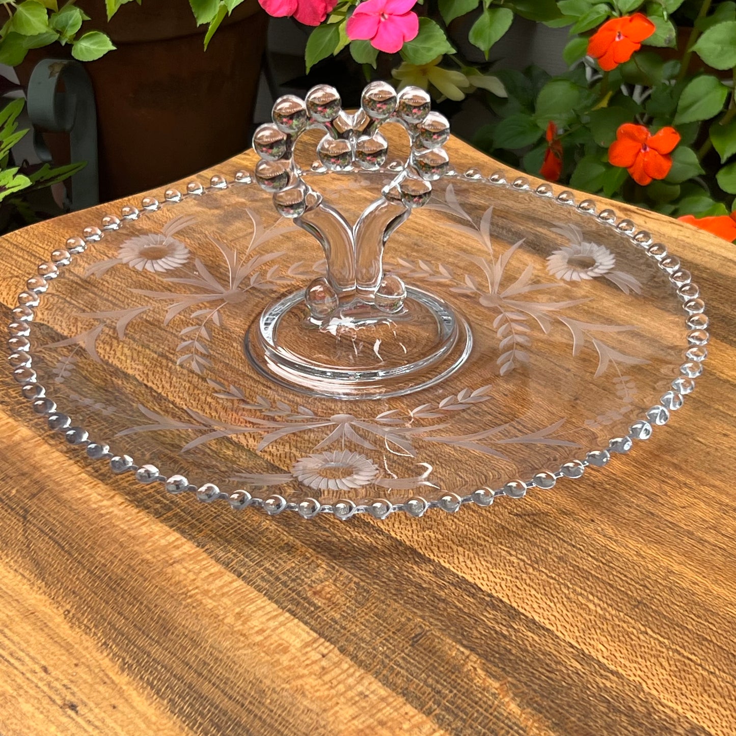 Vintage Candlewick Floral Etched Heart Shaped Relish Dessert Tray