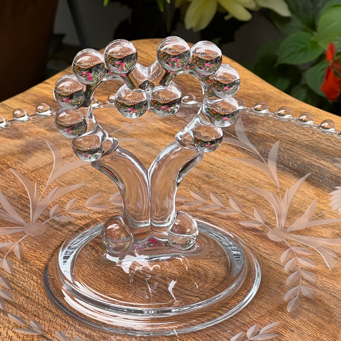 Vintage Candlewick Floral Etched Heart Shaped Relish Dessert Tray