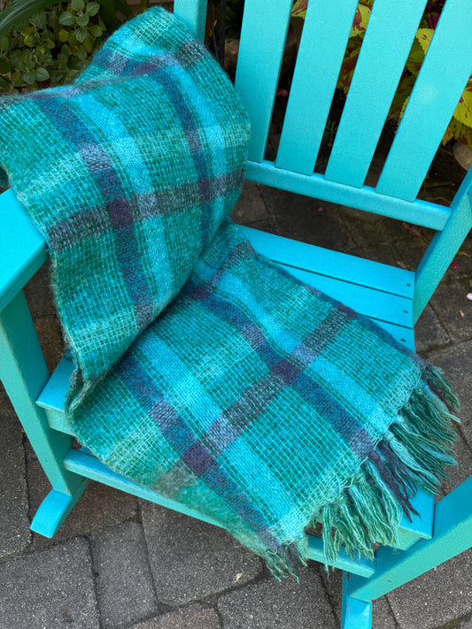 Irish Donegal Design Green,Purple & Blue Plaid Mohair Wool Blanket