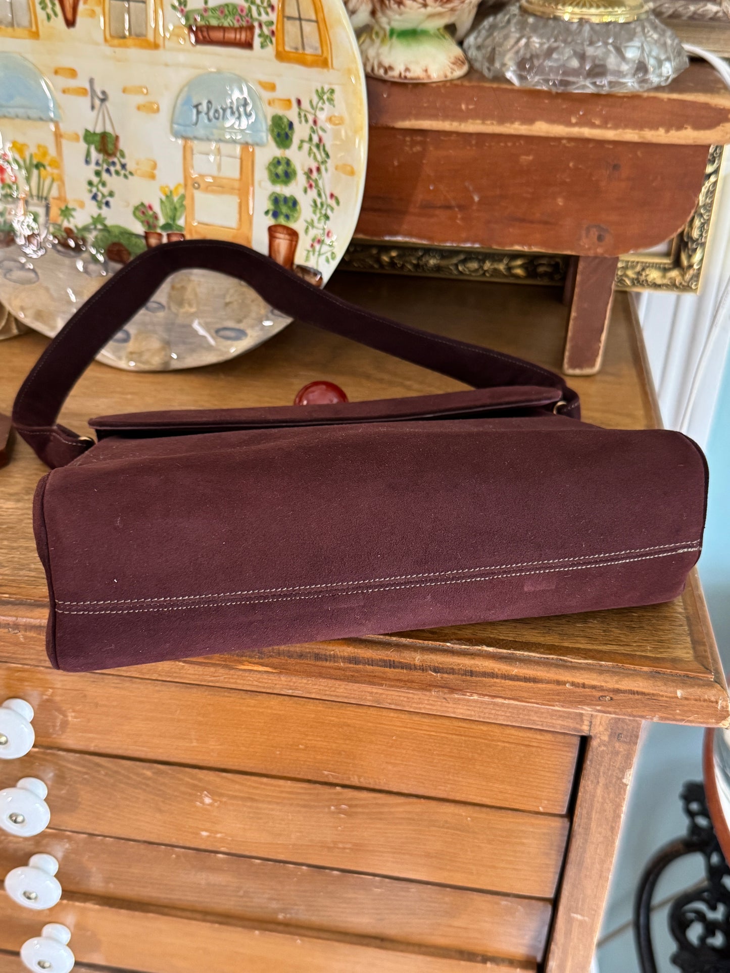 Vintage By Alan Brown Suede Round Bakelite Tortoiseshell Clasp Purse Handbag