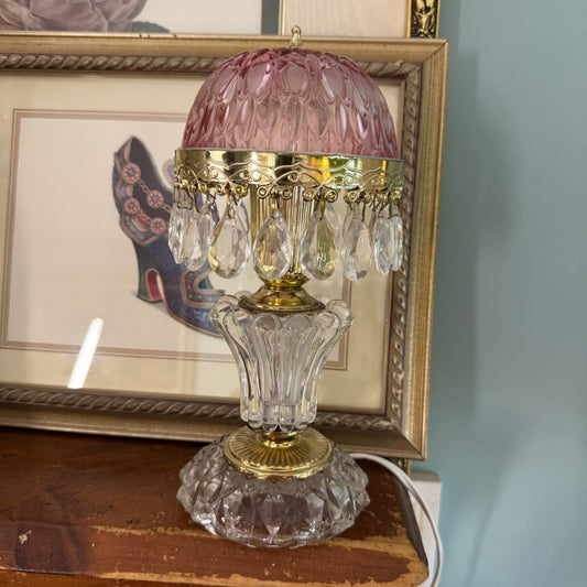 Vintage Dutch Michelotti Pink Glass Clear Prisms Boudoir Lamp