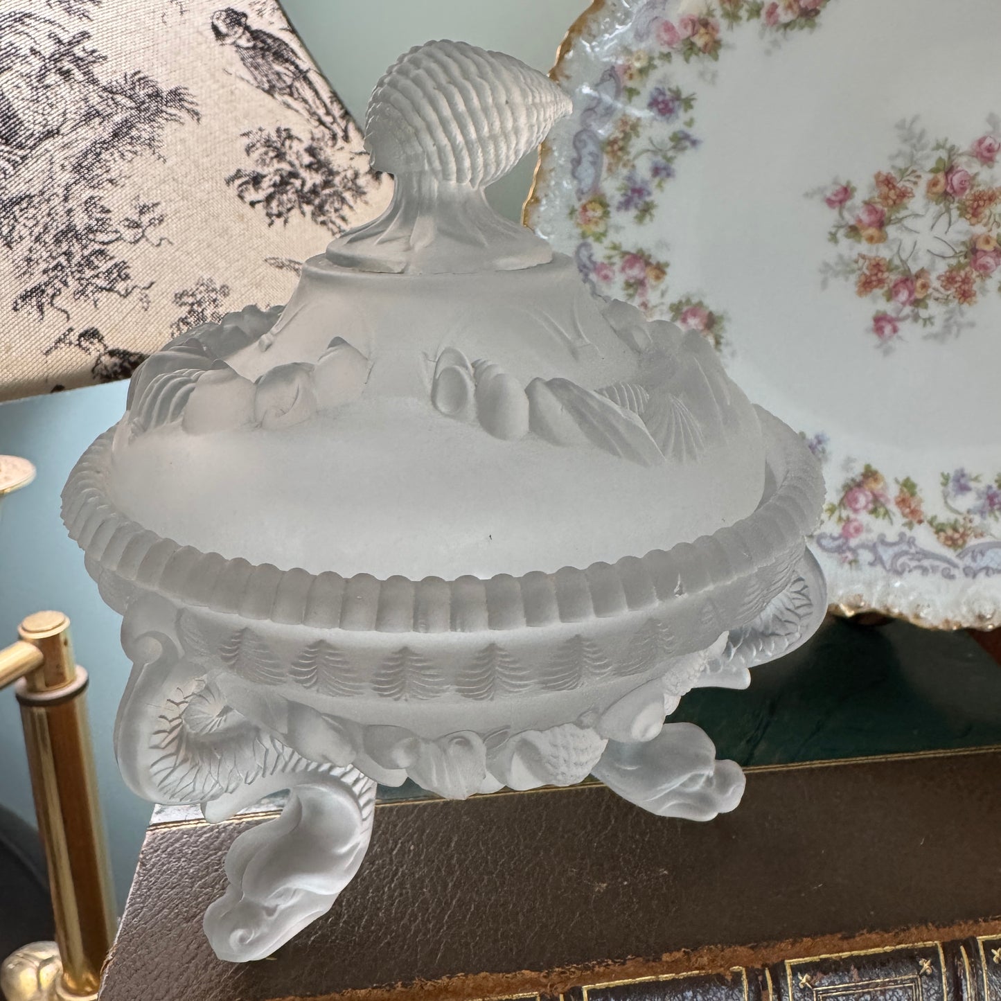 Westmoreland Arganaut Covered Satin Glass Dish Dolphin Footed Much Loved