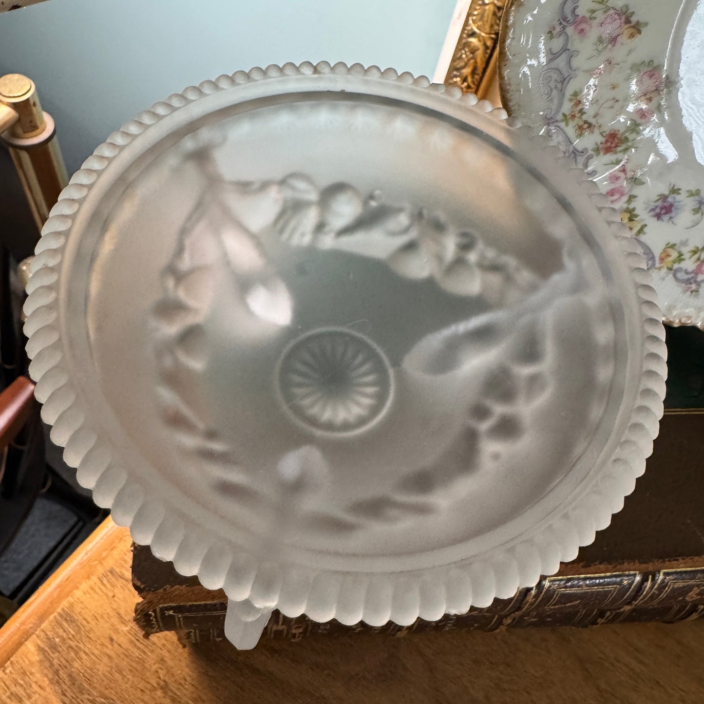 Westmoreland Arganaut Covered Satin Glass Dish Dolphin Footed Much Loved