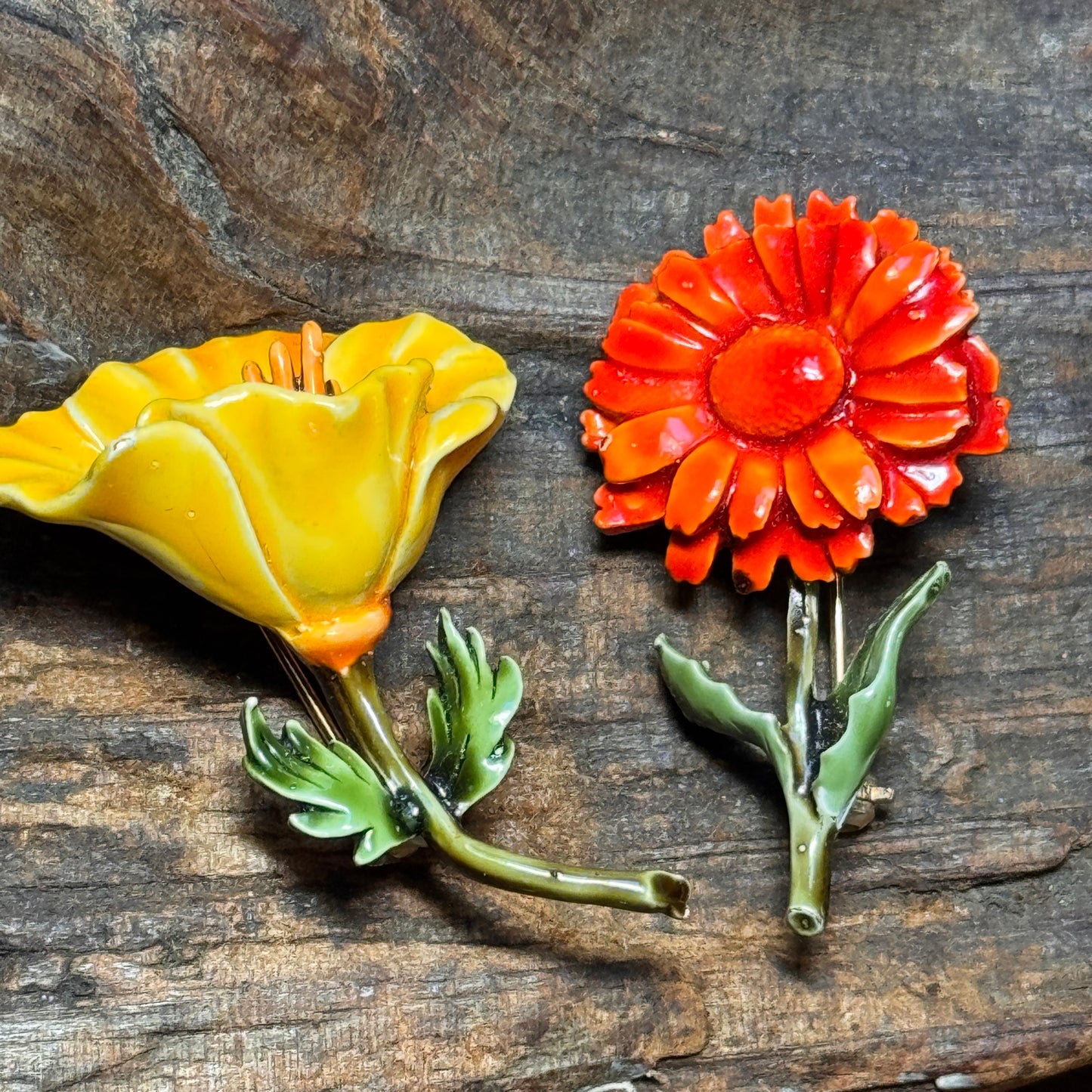 Two Vintage Har Enamel Floral Pins