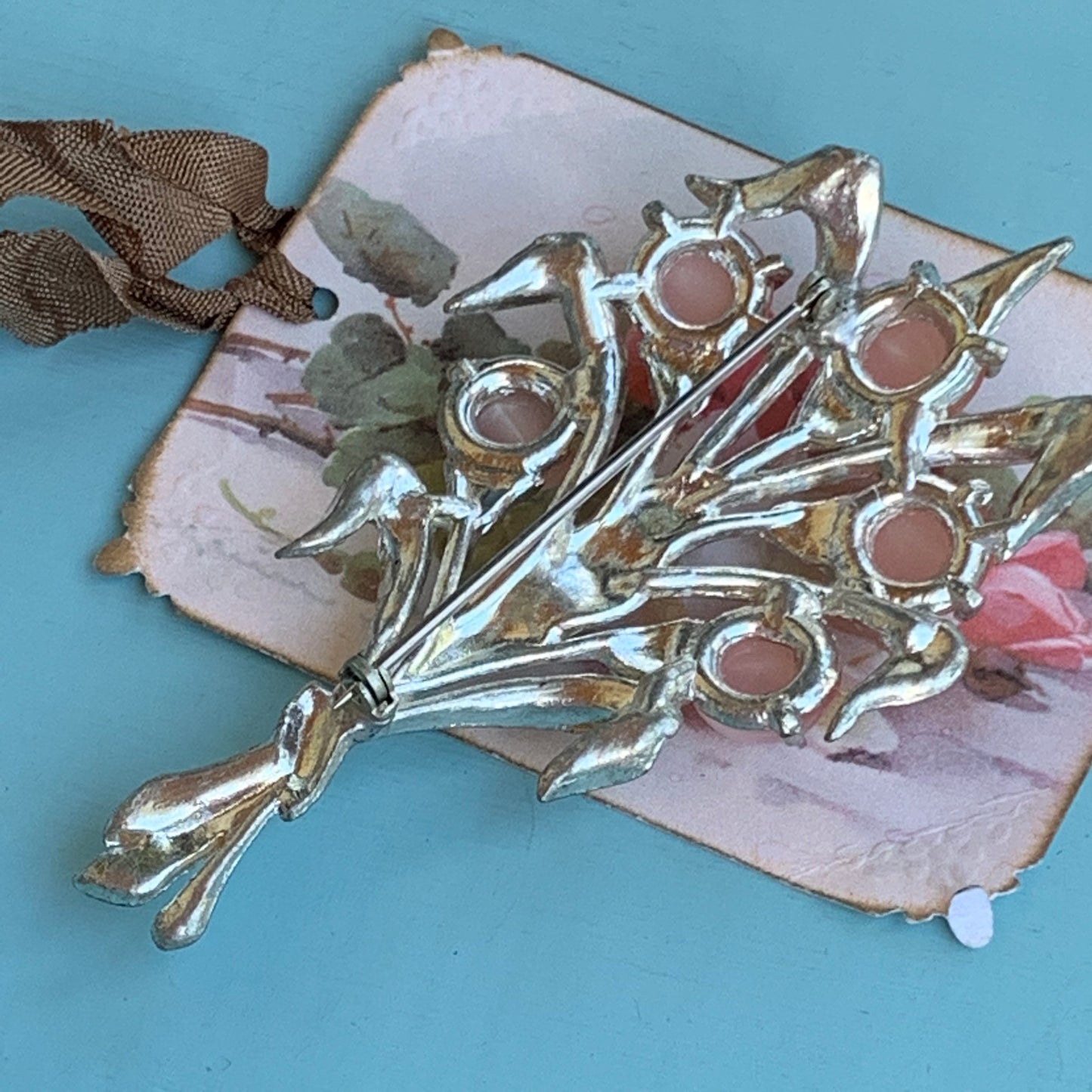 Art Deco Soft Pink Lucite & Rhinestone Stylized Floral Bouquet Pin