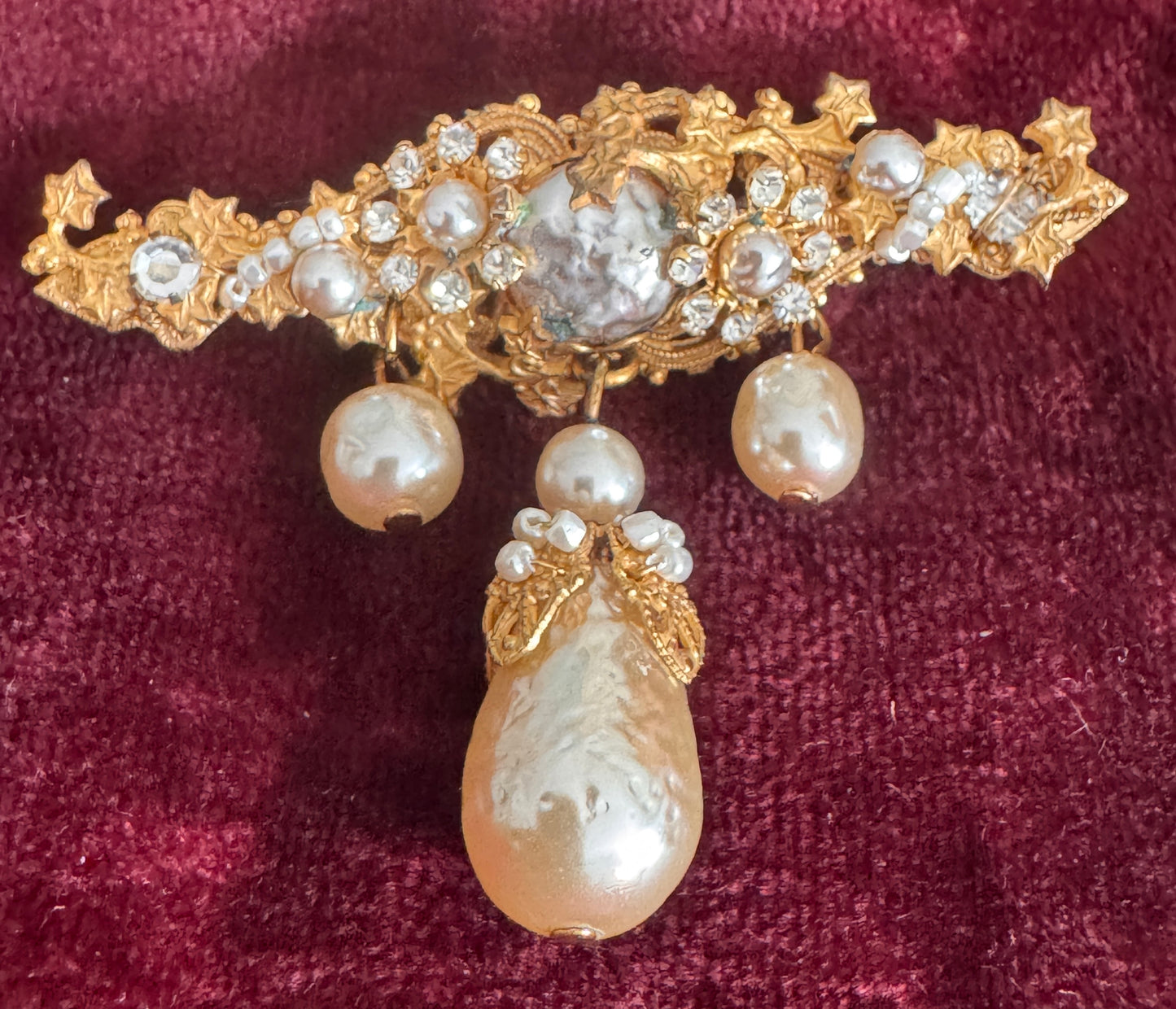 Miriam Haskell Vintage Brooch | Baroque Dangling Faux Pearl & Russian Gilt Hand-Wired Pin