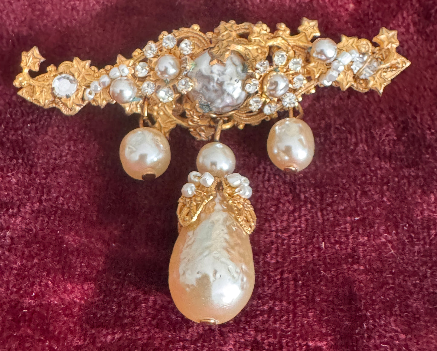 Miriam Haskell Vintage Brooch | Baroque Dangling Faux Pearl & Russian Gilt Hand-Wired Pin