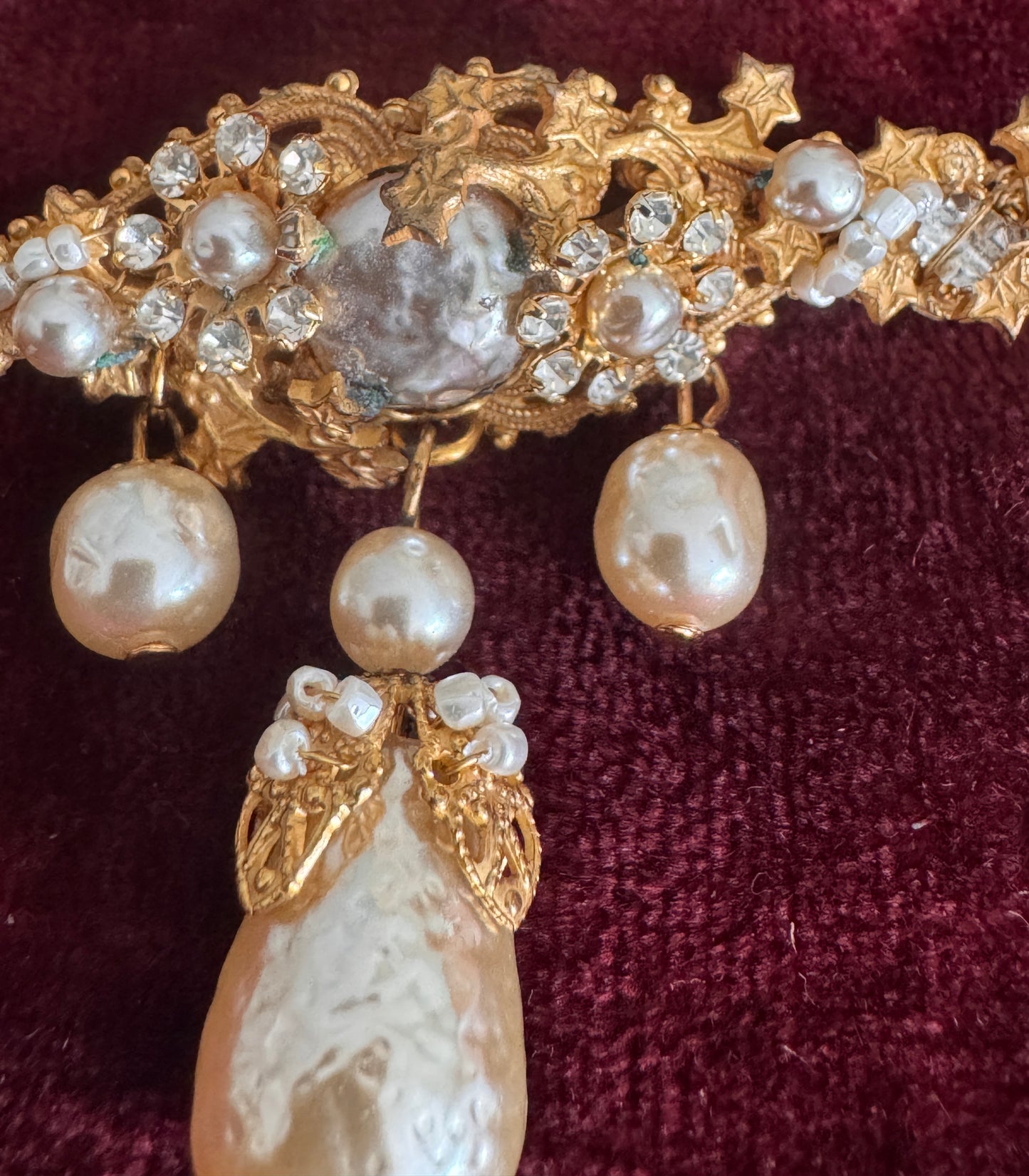 Miriam Haskell Vintage Brooch | Baroque Dangling Faux Pearl & Russian Gilt Hand-Wired Pin