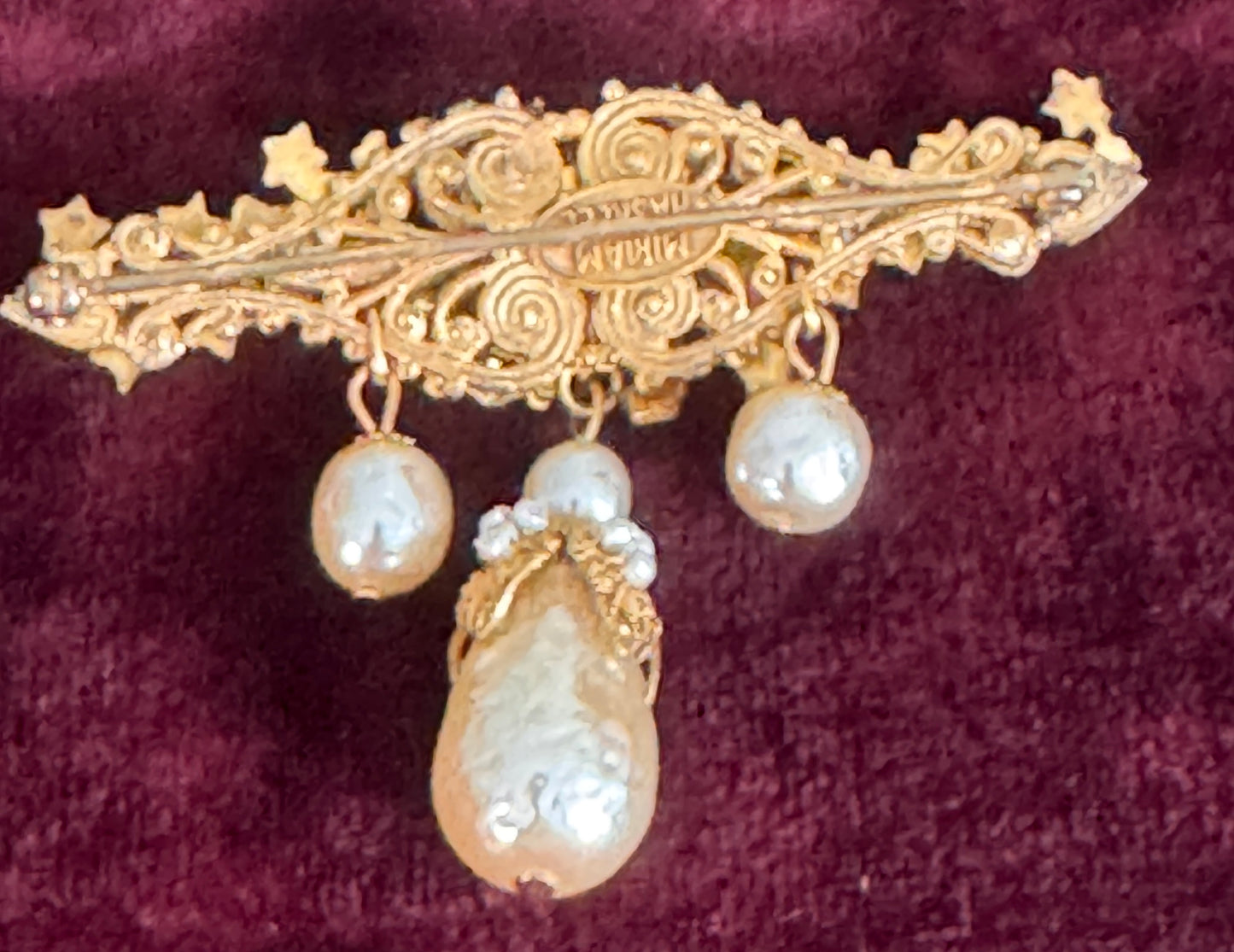 Miriam Haskell Vintage Brooch | Baroque Dangling Faux Pearl & Russian Gilt Hand-Wired Pin