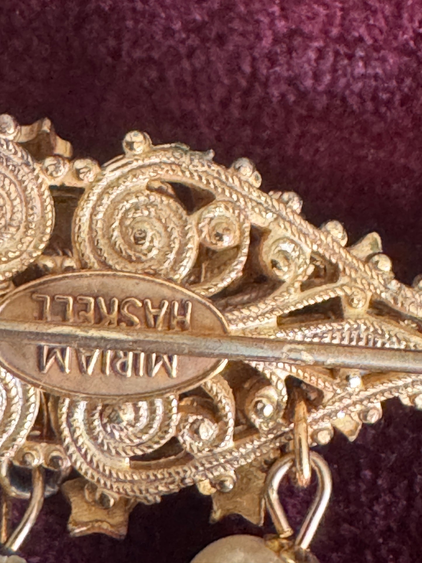 Miriam Haskell Vintage Brooch | Baroque Dangling Faux Pearl & Russian Gilt Hand-Wired Pin