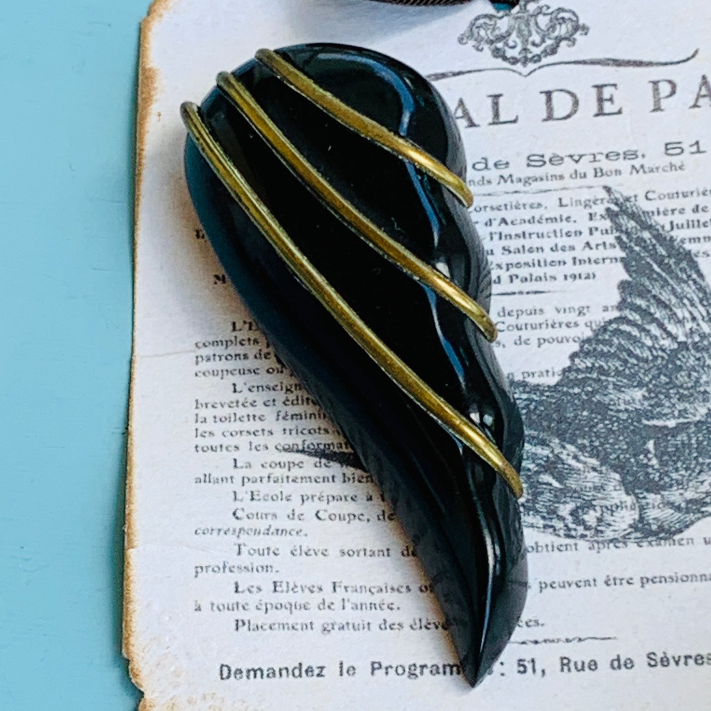 Black Carved Bakelite Mourning Jewelry Angel Wing Dress Clip