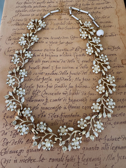 Vintage Coro Floral Necklace | Soft White Dichroic Rhinestone & White Enamel Gold Tone
