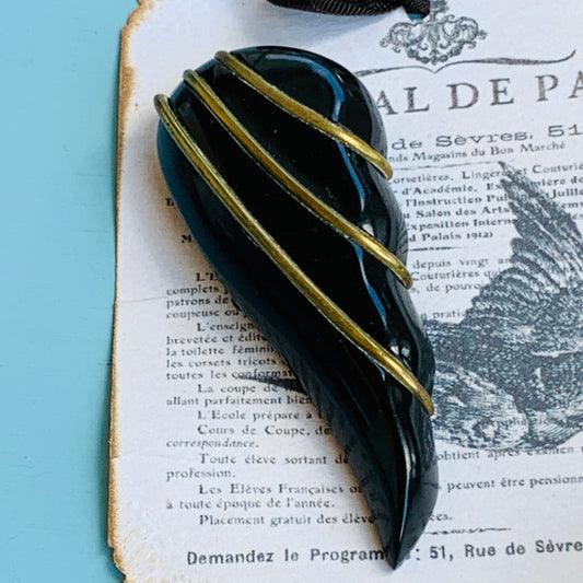 Black Carved Bakelite Mourning Jewelry Angel Wing Dress Clip