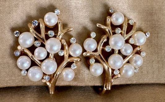Trifari Faux Pearl & Clear Rhinestone Clip Earrings