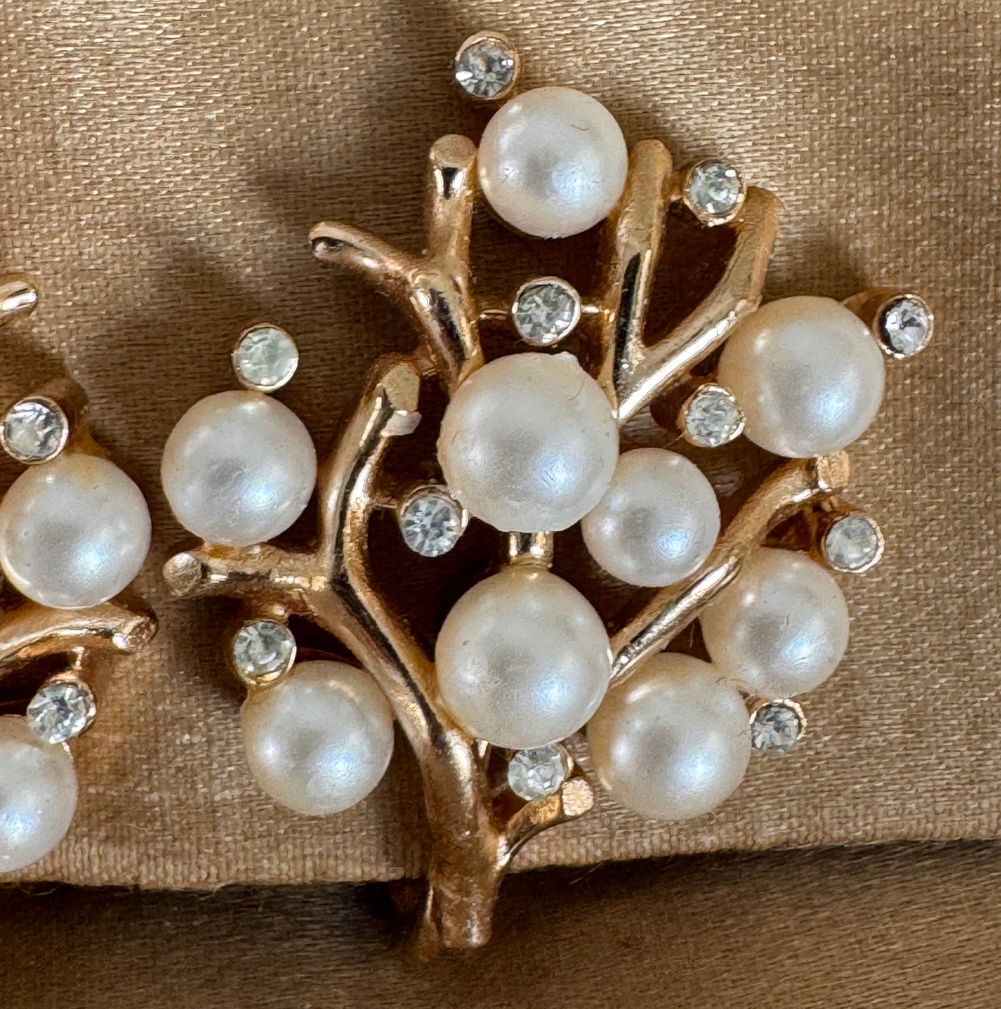 Trifari Faux Pearl & Clear Rhinestone Clip Earrings