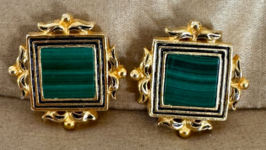 Vintage MFA Museum of Fine Arts Malachite Clip Earrings — Gold Tone & Black Enamel