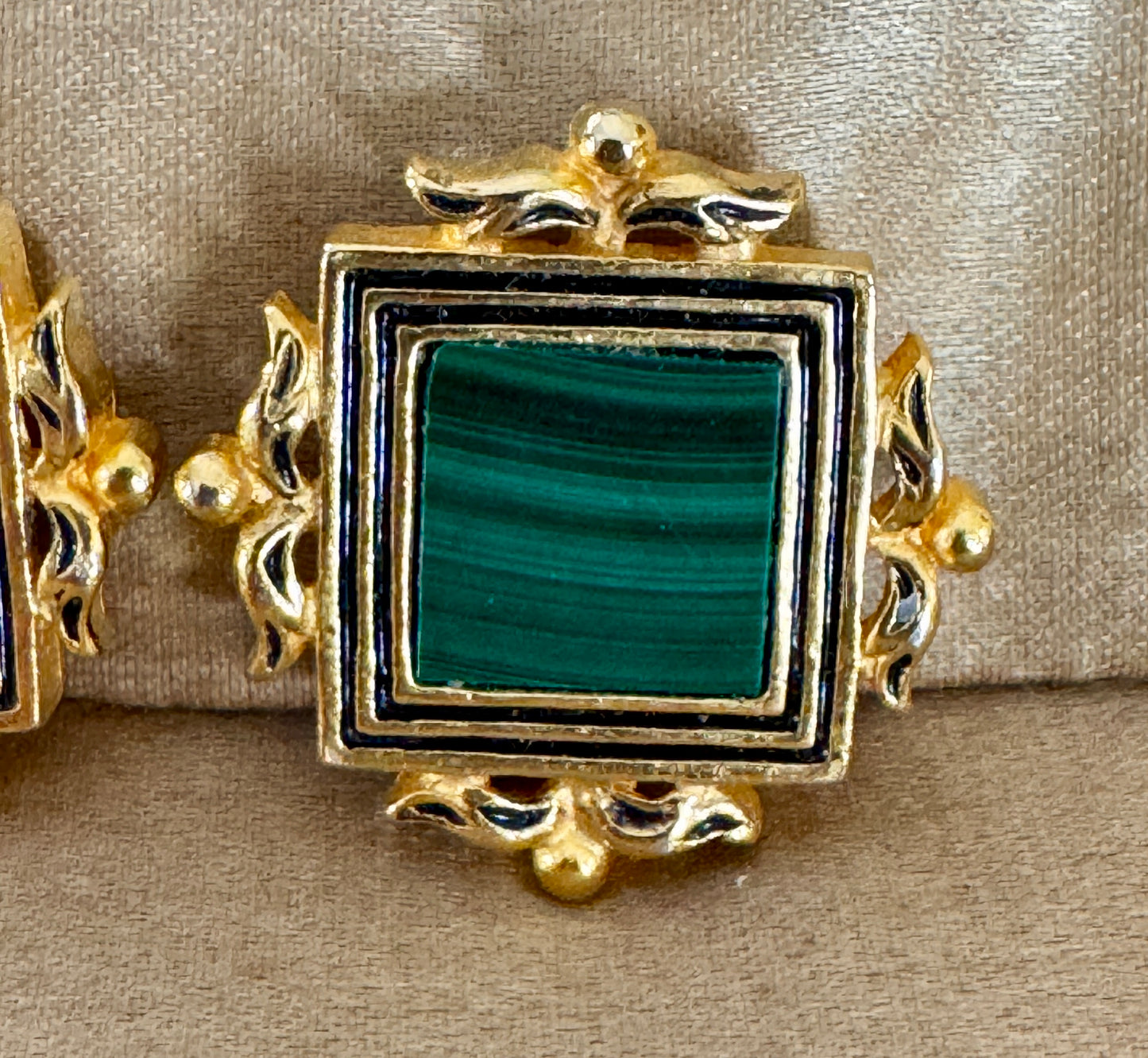 Vintage MFA Museum of Fine Arts Malachite Clip Earrings — Gold Tone & Black Enamel