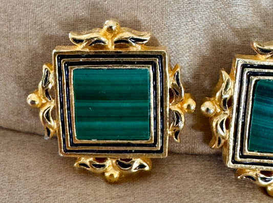 Vintage MFA Museum of Fine Arts Malachite Clip Earrings — Gold Tone & Black Enamel