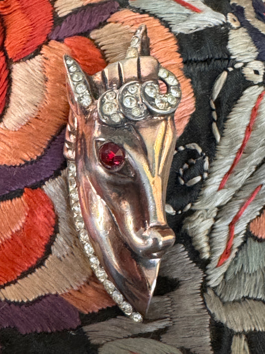 1940s Gold Plated Sterling Silver Horse Head Brooch with Rhinestones