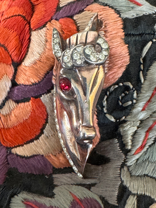 1940s Gold Plated Sterling Silver Horse Head Brooch with Rhinestones