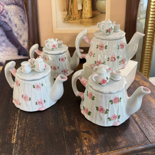 Four Andrea by Sadek Miniature Floral Tea Pots on Lids