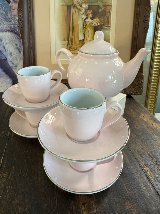 Pottery Barn Kids Pink Polka Dot Porcelain Tea Set in Orig Box