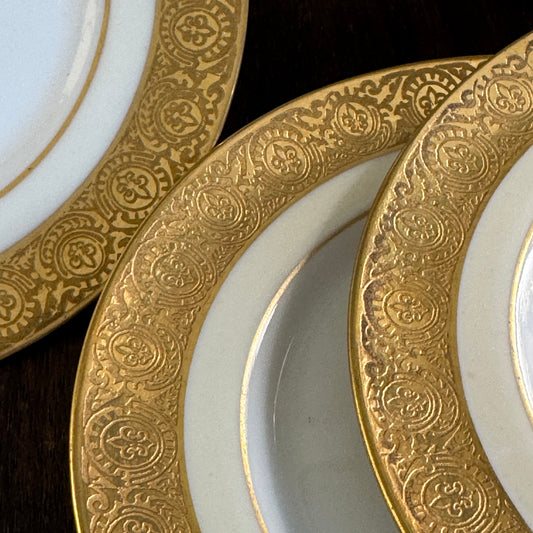 Three French P & L Limoges M. Redon Fleur De Lis Gilt Border Bread & Butter Plates