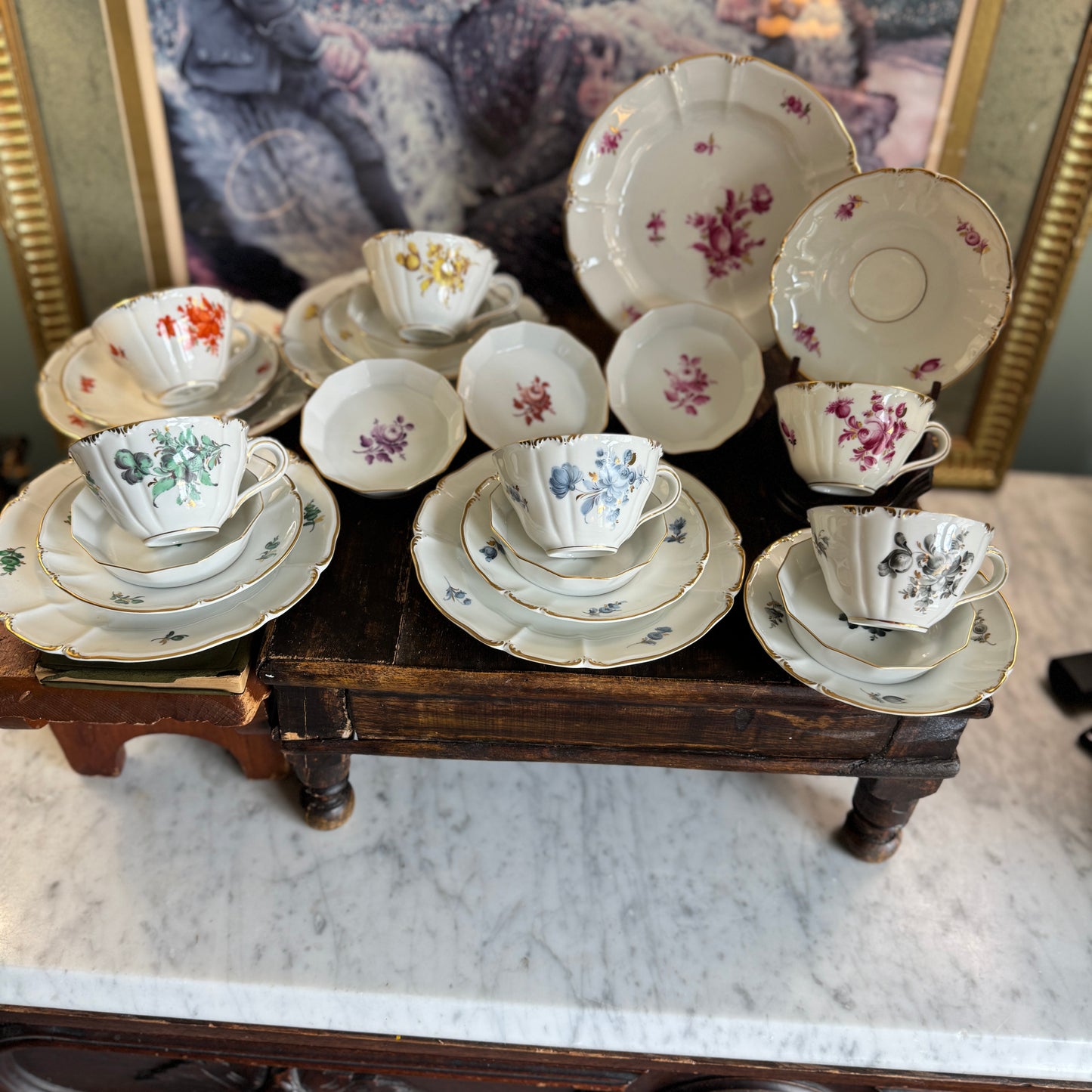 24 Pce Set Nyphenburg Crest Dresden Flowers China Demitasse Cup, Saucer, and Plates