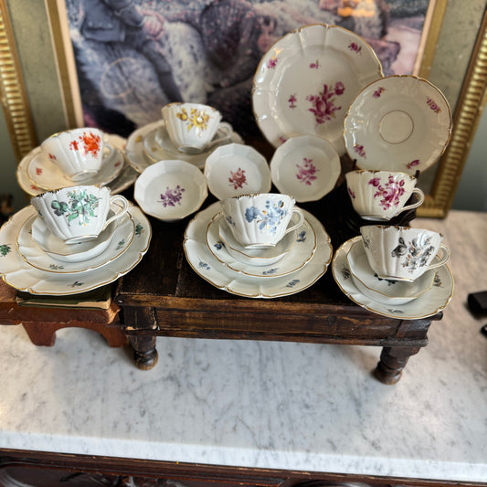 24 Pce Set Nyphenburg Crest Dresden Flowers China Demitasse Cup, Saucer, and Plates