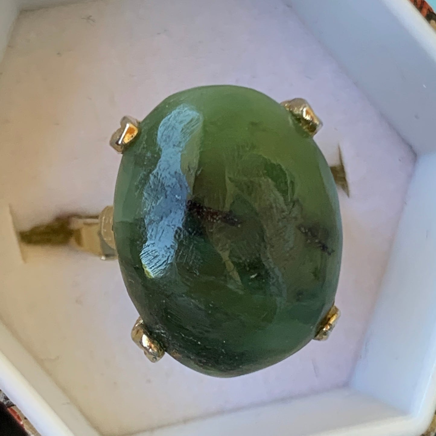 Vintage Semi Precious Jade Cabochon Cocktail Ring Size 6 Adjustable