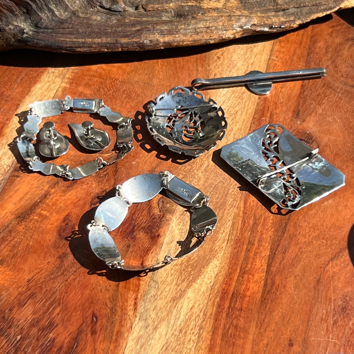 Vintage 6 Piece Siam Sterling Silver Nielloware Pins, Bracelets, & Earring Set